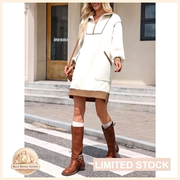 Oversized Sweatshirt Dress Half Zip V Neck Long Sleeve Casual Mini - Picture 6 of 7
